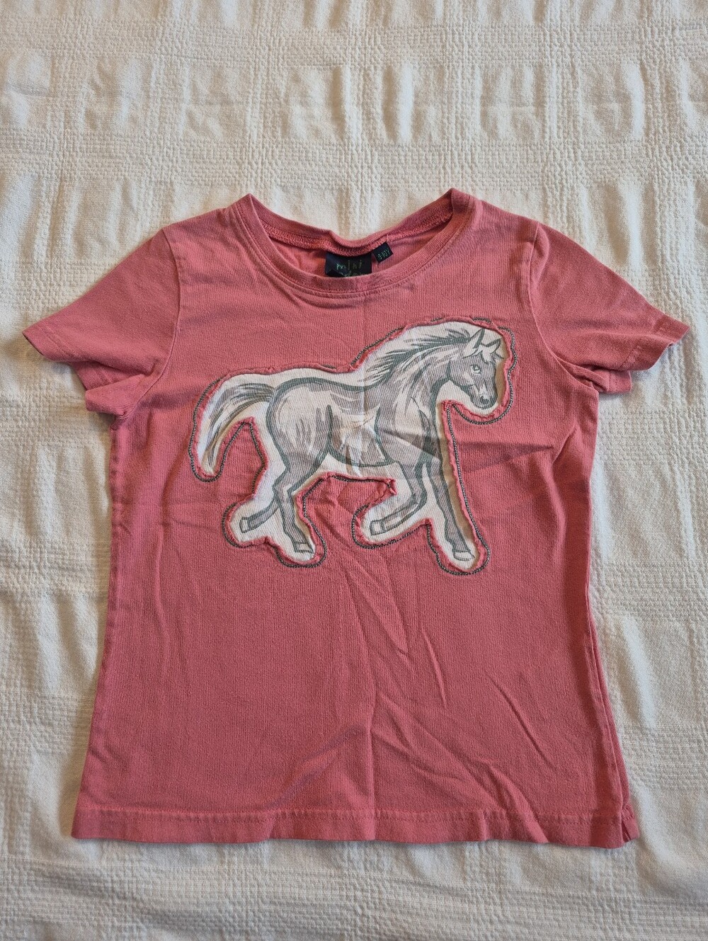 Mini Boden girls 9-10 years coral short sleeve shirt with horse design, GUC